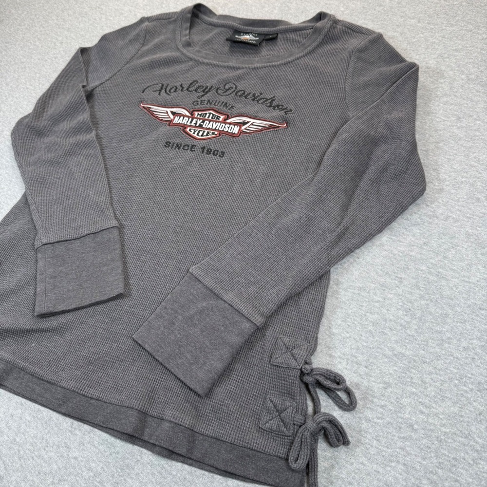 Harley-Davidson Womens Gray Waffle Knit Thermal Long Sleeve Lace Up Side Top L